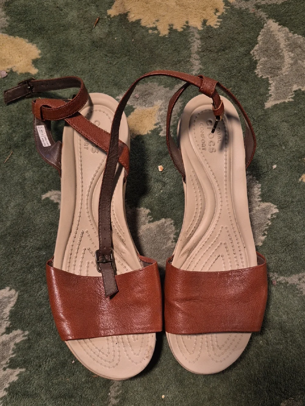 CROCS Brown Leather T-Strap Sandals with Cream Footbed